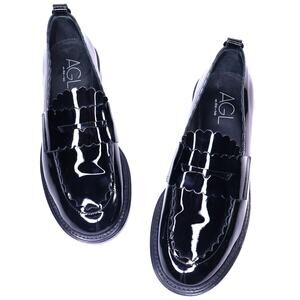 AGL Janise Patent Leather Moccasin Black Scalloped Edge Penny Loafer Womens 38.5